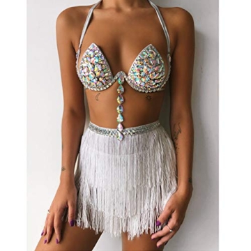 Women's Sequin Tassel Skirts Rave Fringe Hip Scarf for Festival (White-2)