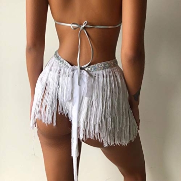 Women's Sequin Tassel Skirts Rave Fringe Hip Scarf for Festival (White-2)