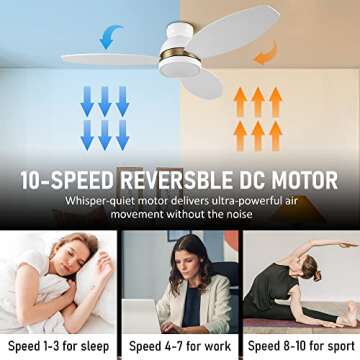 CEME 48'' Low Profile Ceiling Fan with Light, Indoor & Outdoor 10-Speed Quiet DC Motor, Smart Controlled by APP, Remote, Google Home, Alexa and Siri Shortcut, Modern
