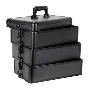 Ver Beauty 5-in-1 Professional 4 Removable Wheels Rolling Aluminum Art Craft Supplies Makeup Tattoo Artist Tool Case Organizer Easy-Slide Extendable Trays with Dividers Mirror, Black Matte