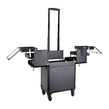Ver Beauty 5-in-1 Professional 4 Removable Wheels Rolling Aluminum Art Craft Supplies Makeup Tattoo Artist Tool Case Organizer Easy-Slide Extendable Trays with Dividers Mirror, Black Matte