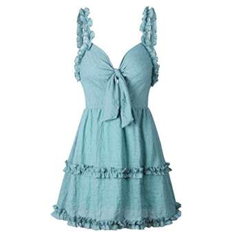 PRETTYGARDEN Women’s Summer Solid Color V-Neck Tie Knot Front Sexy Backless Ruffle Strap and Hem A Line Mini Short Dress with Lining (Blue, Large)