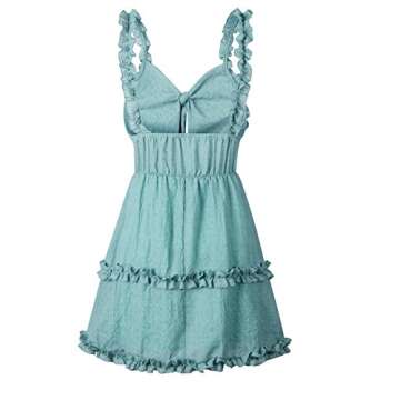 PRETTYGARDEN Women’s Summer Solid Color V-Neck Tie Knot Front Sexy Backless Ruffle Strap and Hem A Line Mini Short Dress with Lining (Blue, Large)