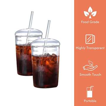 Mazsiwed 16oz Glass Tumbler with Straw and Lid, Clear Glass Cup with Lid, Heat Resistant Drinking Cu...