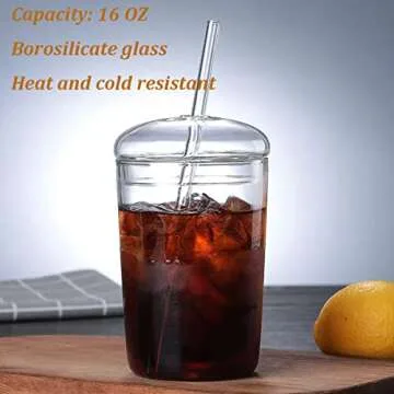 Mazsiwed 16oz Glass Tumbler with Straw and Lid, Clear Glass Cup with Lid, Heat Resistant Drinking Cups, Dome Tumbler for Coffee Milk Smoothie