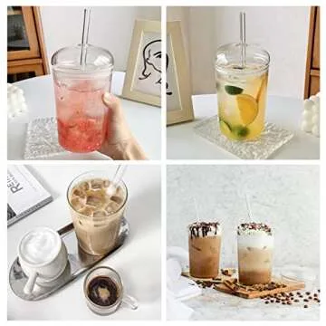 Mazsiwed 16oz Glass Tumbler with Straw and Lid, Clear Glass Cup with Lid, Heat Resistant Drinking Cups, Dome Tumbler for Coffee Milk Smoothie