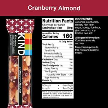 KIND Nut Bars, Cranberry Almond, Healthy Snacks, Good Source of Fiber, Gluten Free, 5g Protein, 12 Count