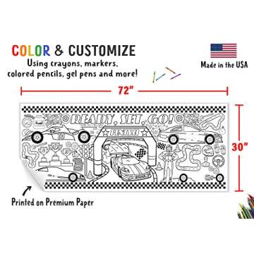 Tiny Expressions Race Car Coloring Tablecloth for Kids - Rolled, No Creases 30" x 72" Large Coloring Poster for Race Car-Themed Birthday Parties - Fun Racing Party Decorations for Boys