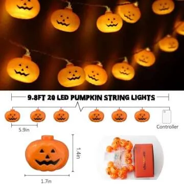 Runleo Halloween Pumpkin String Lights - 20 LED 10 FT 3D Cute Waterproof Orange Jack-O-Lantern Battery Operated Lights, 2 Modes Steady/Flickering Lights for Indoor Outdoor Decor Party Decorations