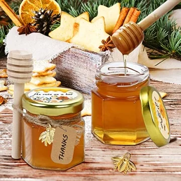 Aliggbent Honey Jars,48 Pack Mini Honey Jars Party Favors in Bulk,1.5oz Small Hexagon Glass Honey Jars with Dipper,Stickers,Gold Lid,Charm,Gift Bags and Jute,for Baby Shower,Wedding Favors(No Honey)