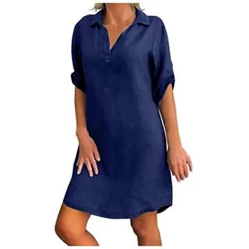 Aniywn Women's Casual Cotton Linen Shirt Dress V-Neck Baggy Midi Dress Hi-Low Tops Plus Size Vintage Tunic Dress Blue