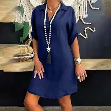 Aniywn Women's Casual Cotton Linen Shirt Dress V-Neck Baggy Midi Dress Hi-Low Tops Plus Size Vintage Tunic Dress Blue
