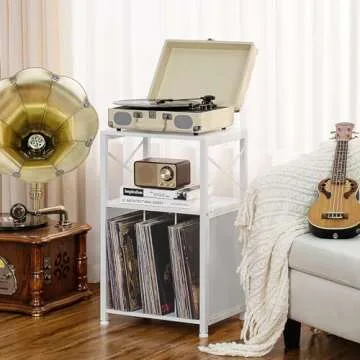 LELELINKY 3 Tier Side Table, End Table with Display Shelf, Vinyl Record Player Table with Album Storage, Small White Modern Bedside Tables Nightstand for Living Room Bedroom Small Spaces