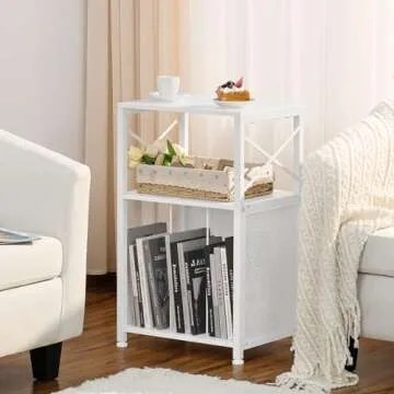 LELELINKY 3 Tier Side Table, End Table with Display Shelf, Vinyl Record Player Table with Album Storage, Small White Modern Bedside Tables Nightstand for Living Room Bedroom Small Spaces