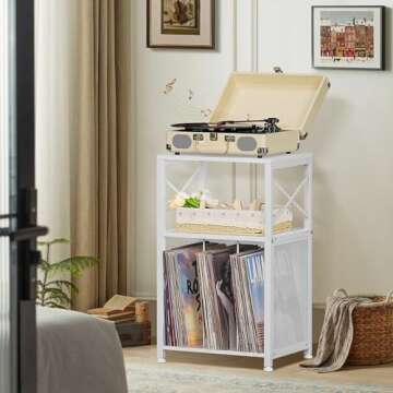 LELELINKY 3 Tier Side Table, End Table with Display Shelf, Vinyl Record Player Table with Album Storage, Small White Modern Bedside Tables Nightstand for Living Room Bedroom Small Spaces