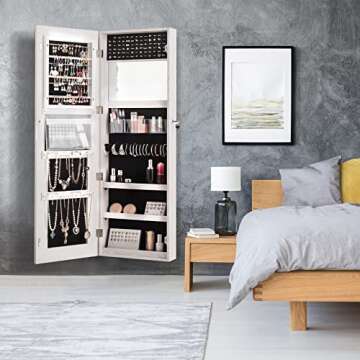 COSTWAY Mirrored Jewelry Armoire - Elegant Wall-Mounted Jewelry Organizer with LED Mirror