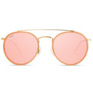 WearMe Pro - Round Double Bridge Polarized Modern Retro Sunglasses (Peach Frame/Mirror Peach Lens, 53)