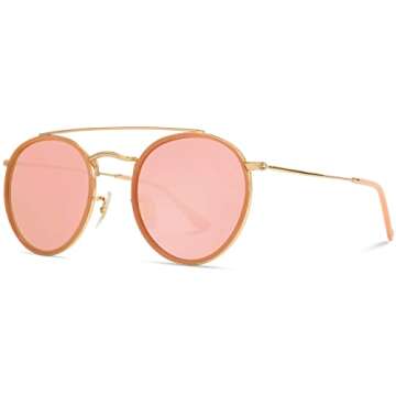 WearMe Pro - Round Double Bridge Polarized Modern Retro Sunglasses (Peach Frame/Mirror Peach Lens, 53)