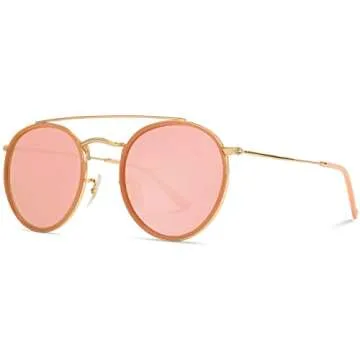 WearMe Pro - Round Double Bridge Polarized Modern Retro Sunglasses (Peach Frame/Mirror Peach Lens, 53)