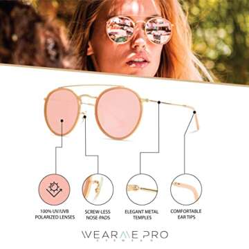 WearMe Pro - Round Double Bridge Polarized Modern Retro Sunglasses (Peach Frame/Mirror Peach Lens, 53)