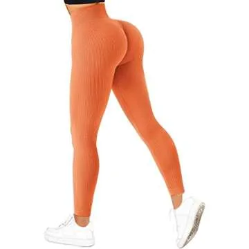 SUUKSESS Women Ribbed Seamless Leggings High Waisted Tummy Control Workout Yoga Pants (Orange, M)