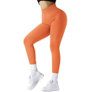 SUUKSESS Women Ribbed Seamless Leggings High Waisted Tummy Control Workout Yoga Pants (Orange, M)