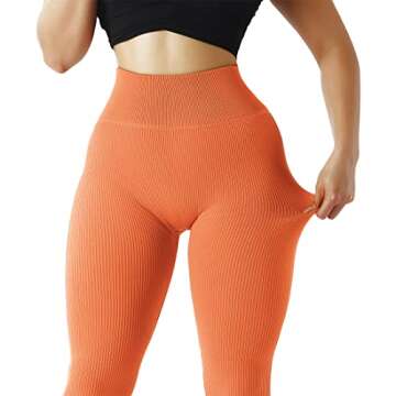 SUUKSESS Women Ribbed Seamless Leggings High Waisted Tummy Control Workout Yoga Pants (Orange, M)