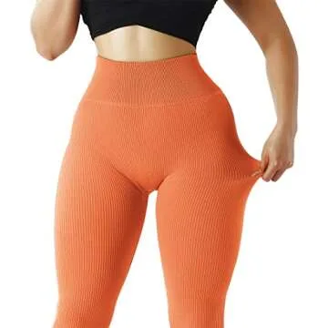 SUUKSESS Women Ribbed Seamless Leggings High Waisted Tummy Control Workout Yoga Pants (Orange, M)