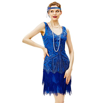 BABEYOND 1920s Flapper Dress - V Neck Beaded Fringe Gatsby Blue