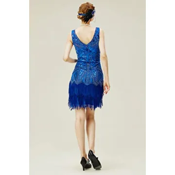 1920s Flapper Dress V Neck Beaded Fringe Gatsby Blue