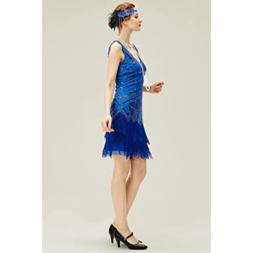 1920s Flapper Dress V Neck Beaded Fringe Gatsby Blue