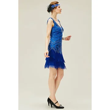 1920s Flapper Dress V Neck Beaded Fringe Gatsby Blue