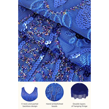 1920s Flapper Dress V Neck Beaded Fringe Gatsby Blue