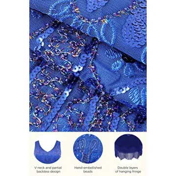 1920s Flapper Dress V Neck Beaded Fringe Gatsby Blue