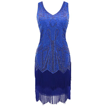 1920s Flapper Dress V Neck Beaded Fringe Gatsby Blue