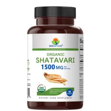 Brieofood Organic Shatavari 1500mg, 45 Servings, Vegetarian, Gluten Free, 90 Vegetarian Tablets
