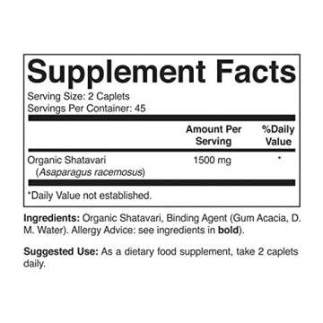 Brieofood Organic Shatavari 1500mg, 45 Servings, Vegetarian, Gluten Free, 90 Vegetarian Tablets