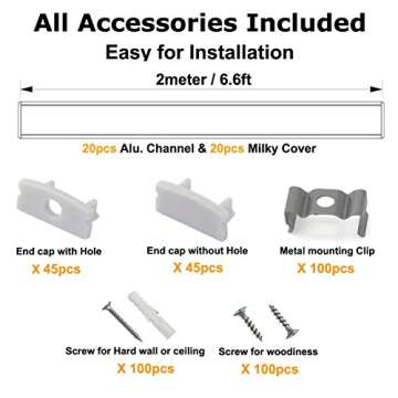 hunhun 20-Pack 6.6ft/ 2Meter U Shape LED Aluminum Channel System with Milky Cover, End Caps and Moun...