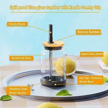 Tronco 22 oz Glass Tumbler with Handle,Glass Water Bottles with Bamboo Lid and Straw,Iced Coffee Cup Reusable, boba Iced Coffee,Glass Water Cup With Silicone Bumper, BPA Free