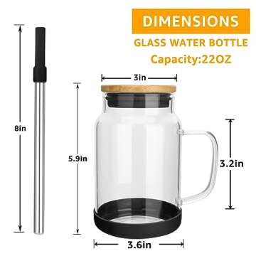 Tronco 22 oz Glass Tumbler with Handle,Glass Water Bottles with Bamboo Lid and Straw,Iced Coffee Cup Reusable, boba Iced Coffee,Glass Water Cup With Silicone Bumper, BPA Free