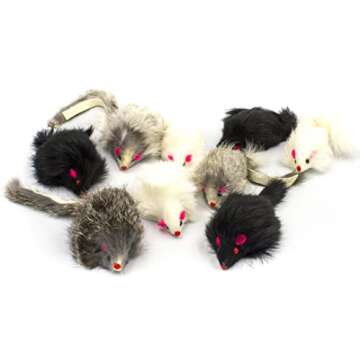 AXEL PETS 10 Giant Furry Mice with Catnip and Rattle Sound Made of Real Rabbit Fur Interactive Catch Play Mouse Toy for Cat, Pack of 10 Mice