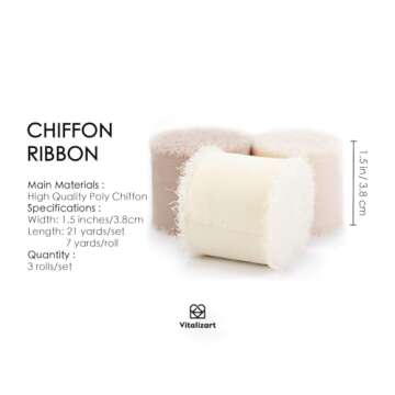 Vitalizart White Handmade Chiffon Silk Ribbon Fringe 1.5" x 21 Yd Nude & Ivory Frayed Edges Ribbons ...