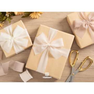 Vitalizart White Handmade Chiffon Silk Ribbon Fringe 1.5" x 21 Yd Nude & Ivory Frayed Edges Ribbons for Wedding Invitations Bridal Bouquets Gifts Wrapping Crafts Holiday Party Decorations