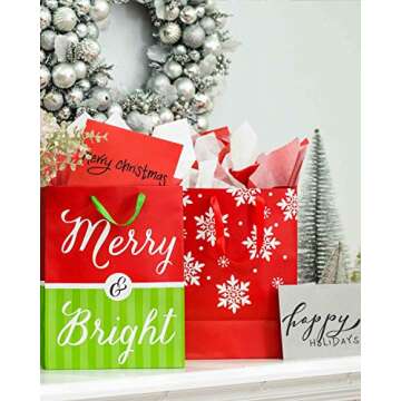 American Greetings Large Christmas Gift Bags with Tissue Paper Bundle; 4 Gift Bags and 20 Sheets of Tissue Paper