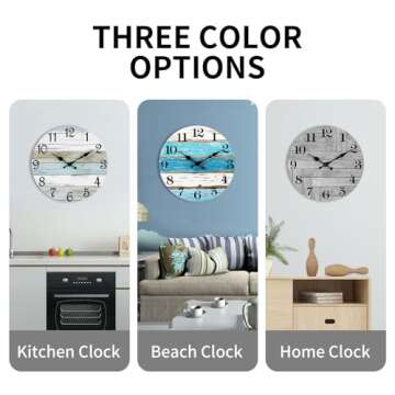 Beach Themed Blue Wall Clocks Battery Operated Silent Non-Ticking, Vintage Round Rustic Coastal Naut...