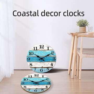 Beach Themed Blue Wall Clocks Battery Operated Silent Non-Ticking, Vintage Round Rustic Coastal Nautical Clock Decorative for Home Kitchen Living Room Office Bathroom Bedroom(10 Inch)