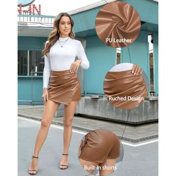 trendfoll Faux Leather Skorts for Woman High Waisted PU Leather Shorts Elastic Waist Ruched Wrap Skorts Skirts Brown