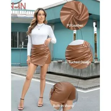 trendfoll Faux Leather Skorts for Woman High Waisted PU Leather Shorts Elastic Waist Ruched Wrap Skorts Skirts Brown