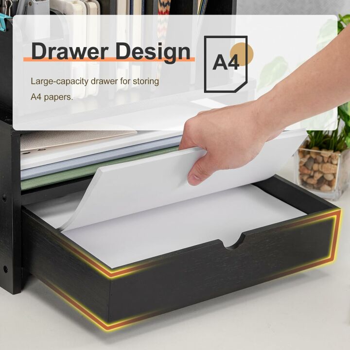 Bamboo Desk Organizer with Drawer & Adjustable Holder