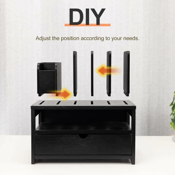 Bamboo Desk Organizer with Drawer & Adjustable Holder